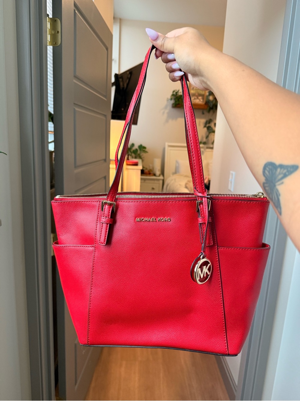 Michael Kors Red Saffiano Leather Tote with MK Charm